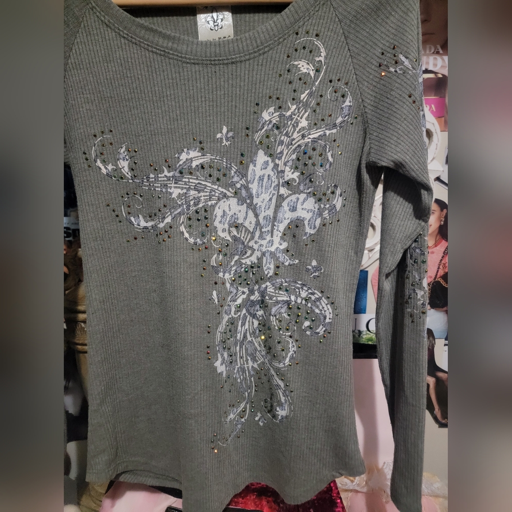 Vocal Sage Green Cheetah Print Affliction Bling Long Sleeve